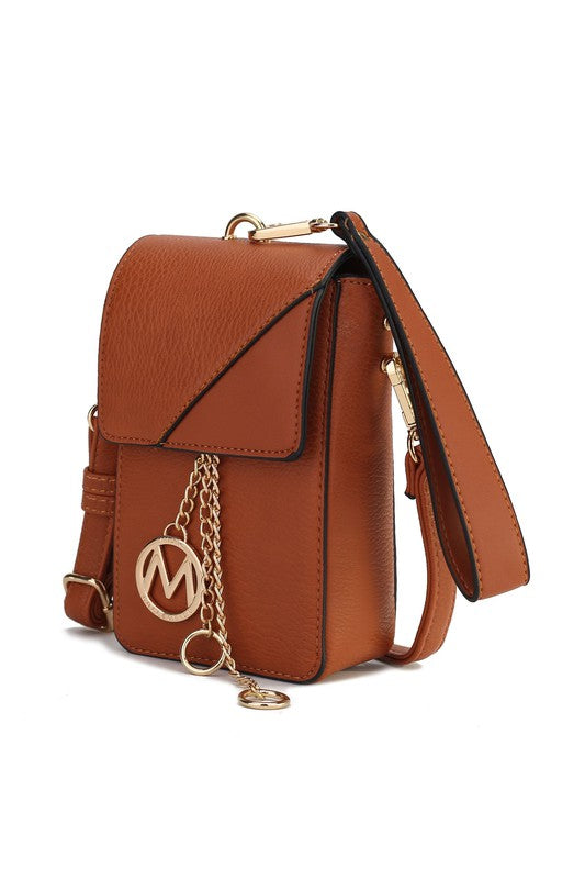 Cognac-brown crossbody with flap, circular logo charm, and gold chain strap.