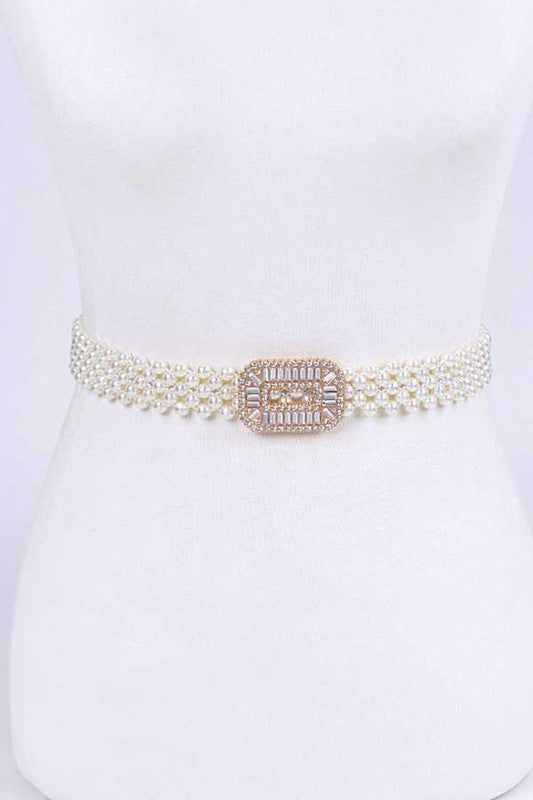 Crystal Buckle Pearl Elastic Belt - Tigbul's Variety Fashion Shop