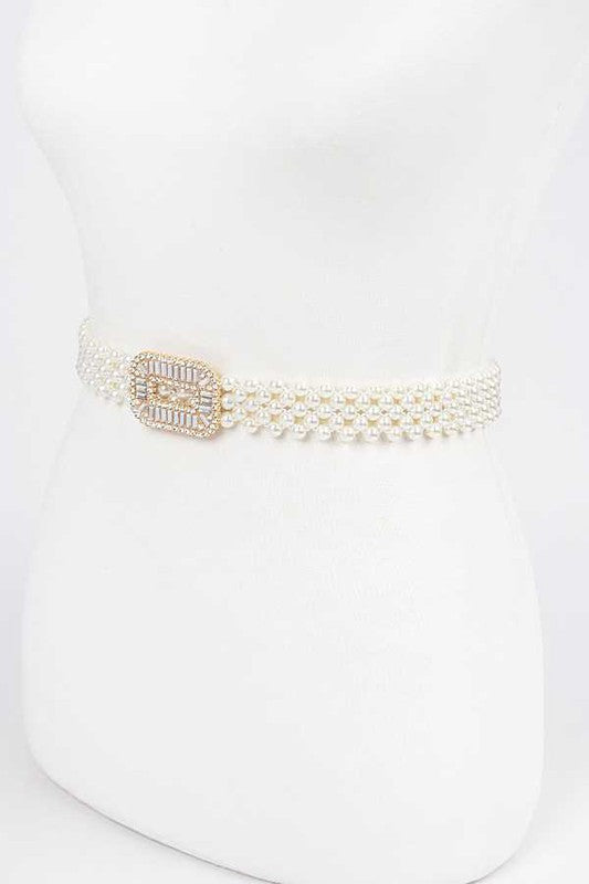 Crystal Buckle Pearl Elastic Belt - Tigbul's Variety Fashion Shop