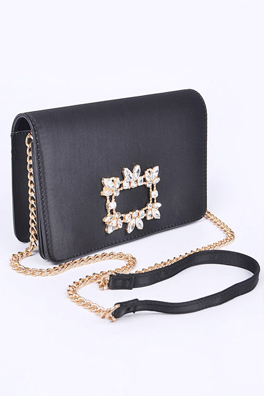 Crystal Buckle Designed Satin Crossbody Bag - Tigbul's Variety Fashion Shop