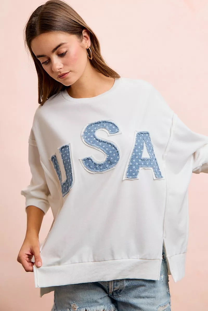 USA Letter Patchwork White French Terry Top Women's | Tigbuls Fashion