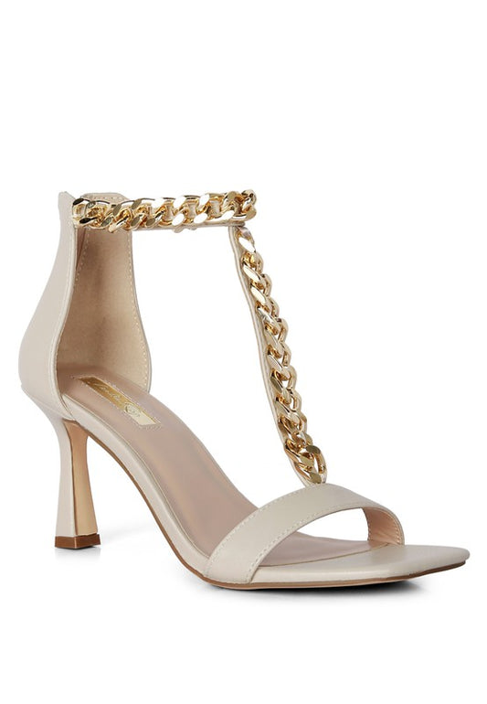 Real Gem T Strap Chain Detail Mid Heel Sandals - Tigbuls Variety Fashion