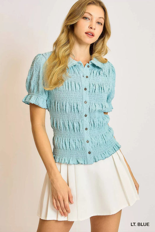 Umgee Smocked Short Sleeve Button-Front Shirt with Peter Pan Collar - Tigbul's Variety Fashion Shop