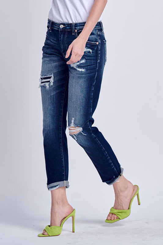 Mid Rise Stretch Boyfriend with Patch Denim Jeans Pants - Tigbul's Variety Fashion Shop