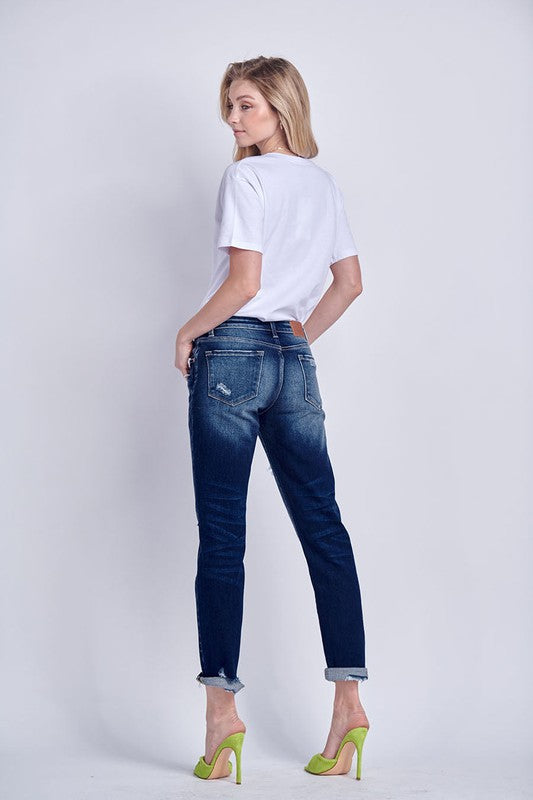 Mid Rise Stretch Boyfriend with Patch Denim Jeans Pants - Tigbul's Variety Fashion Shop