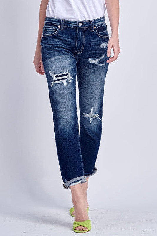 Mid Rise Stretch Boyfriend with Patch Denim Jeans Pants - Tigbul's Variety Fashion Shop