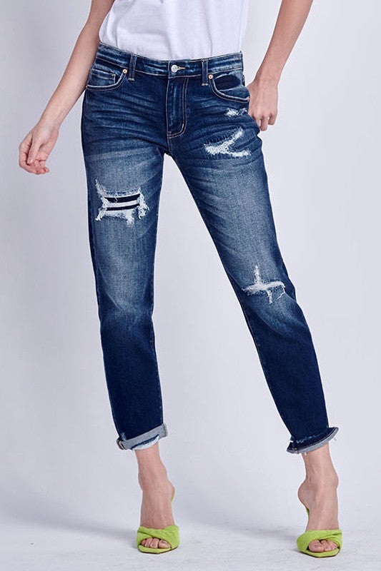 Mid Rise Stretch Boyfriend with Patch Denim Jeans Pants - Tigbul's Variety Fashion Shop