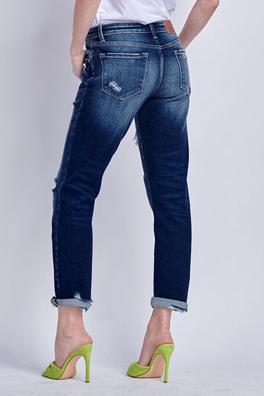 Mid Rise Stretch Boyfriend with Patch Denim Jeans Pants - Tigbul's Variety Fashion Shop