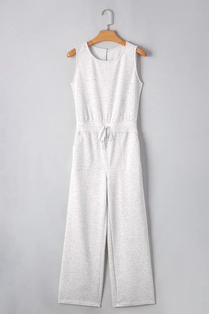 Solid Color Crew Neck Drawstring High Waist Sleeveless Jumpsuit - Tigbul's Variety Fashion Shop