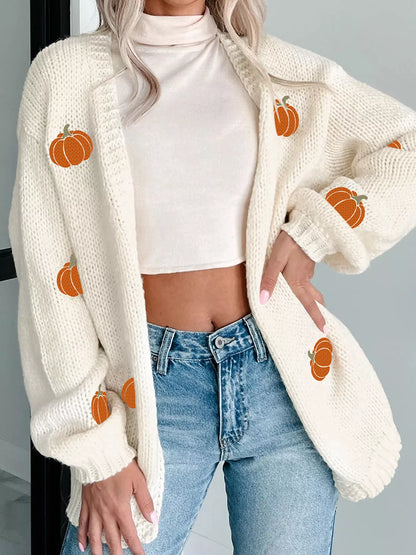 Halloween Pumpkin Embroidered Knit Cardigan - Tigbul's Variety Fashion Shop