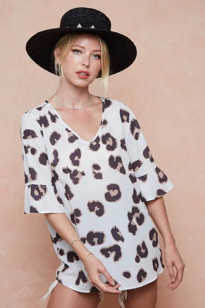 BiBi Leopard Printed V Neck Woven Top with Ruffled - Tigbul's Variety Fashion Shop