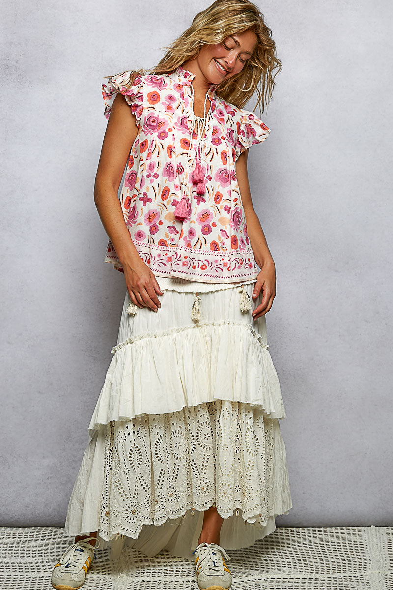 Pink floral flutter blouse back, keyhole tassel tie with ruffled shoulders