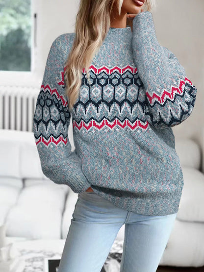 Geometric Pattern Long Sleeve Sweater - Tigbul's Variety Fashion Shop