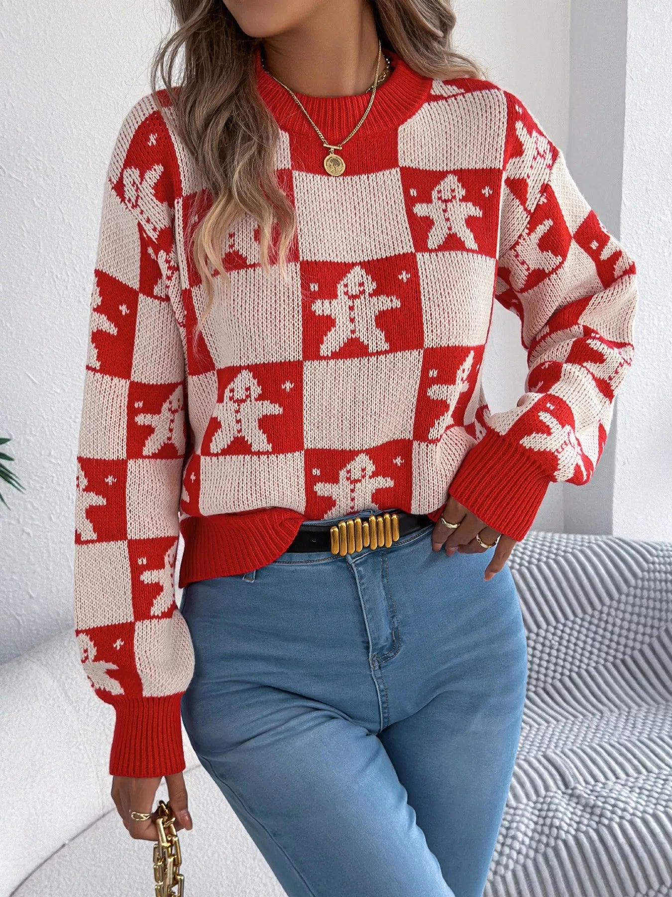 Christmas Checkerboard Gingerbread Round Neck Sweater - Tigbul's Variety Fashion Shop