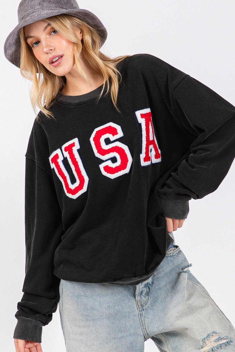 Sage + Fig USA Letter Patch Round Neck Sweatshirt - Tigbul's Variety Fashion Shop