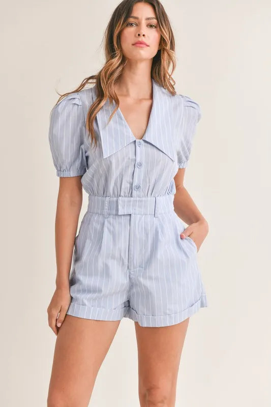 Blue Striped Puff Sleeve Collared Neck Romper - Tigbul's Variety Fashion Shop