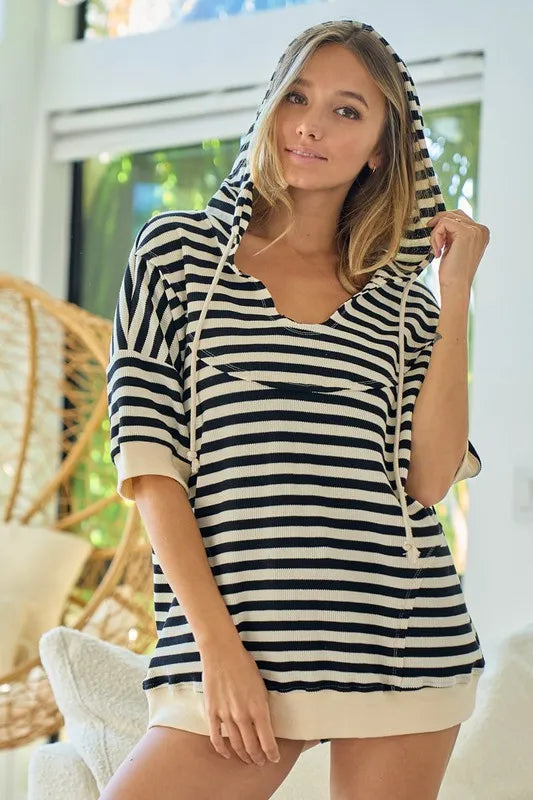 Stripe Fleece Notch Neck Short Sleeve Hoodie - Tigbul's Variety Fashion Shop
