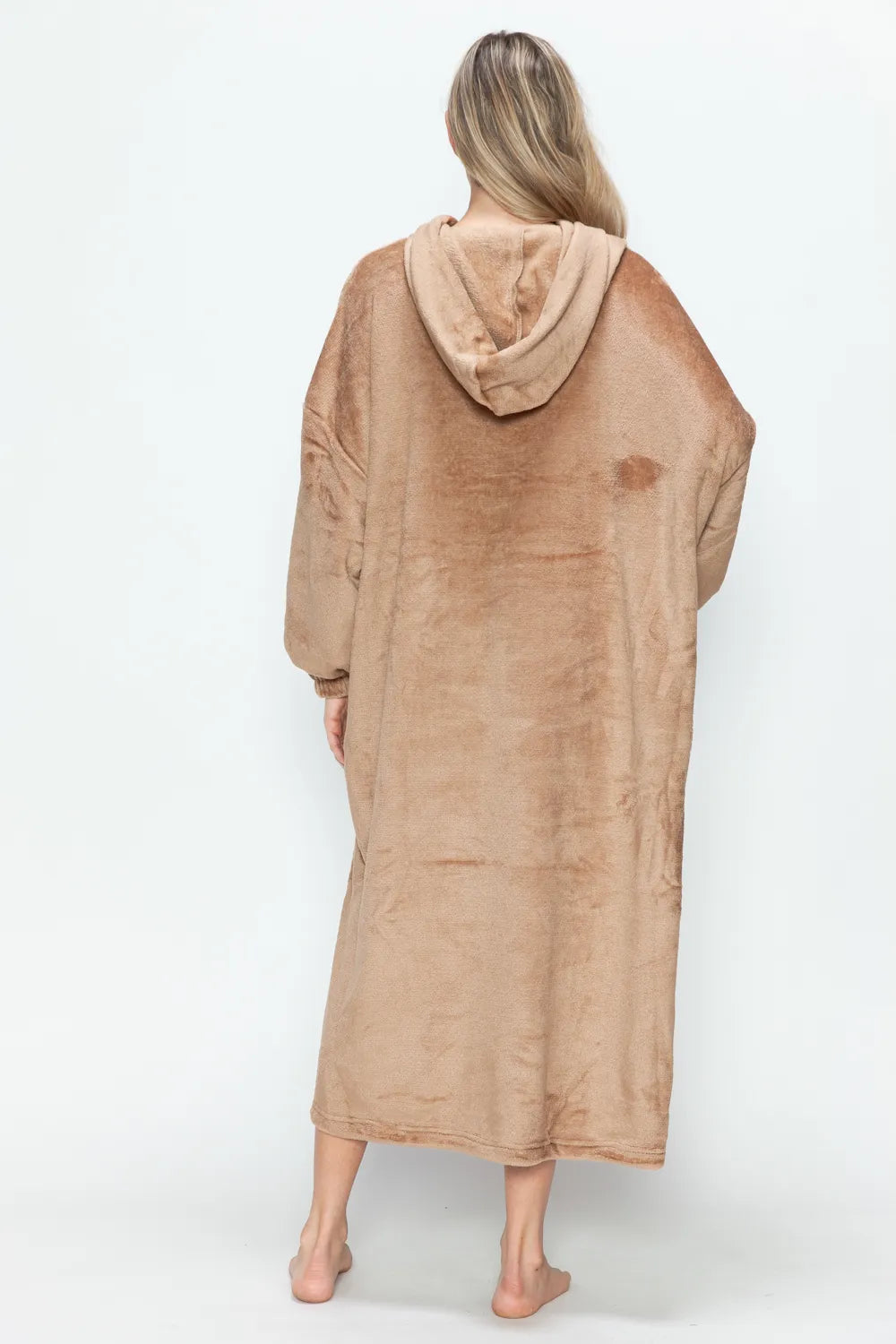 Mocha hooded midi lounge dress, back view; full-length relaxed fit