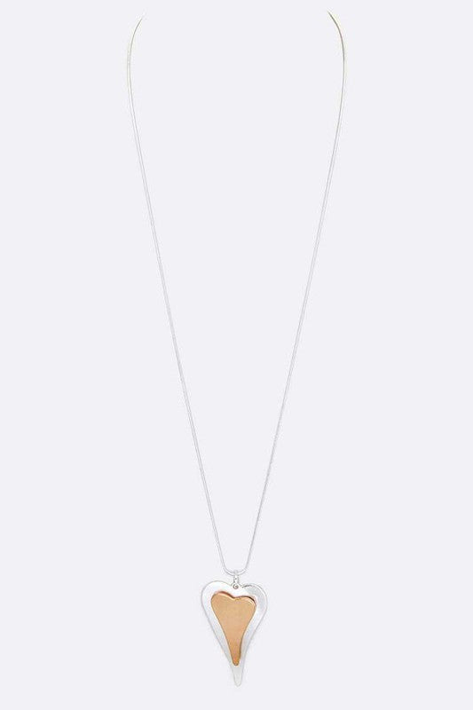 2 Tone Heart Pendant Long Necklace - Tigbuls Variety Fashion