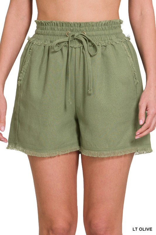 Linen Frayed Hem Drawstring Shorts with Pockets - Tigbul's Variety Fashion Shop