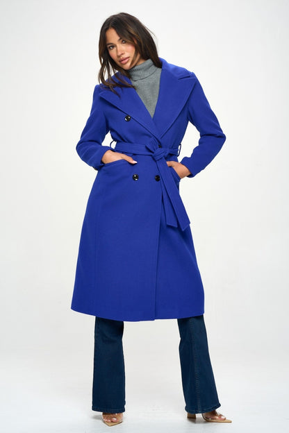 Royal Blue Double-Breasted Longline Coat with Belt - Tigbul's Variety Fashion Shop