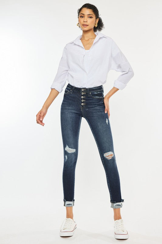 High Rise Button Down Cuffed Ankle Skinny Jeans - Tigbuls Variety Fashion