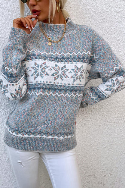 Snowflake Pattern Mock Neck Sweater - Tigbul's Variety Fashion Shop