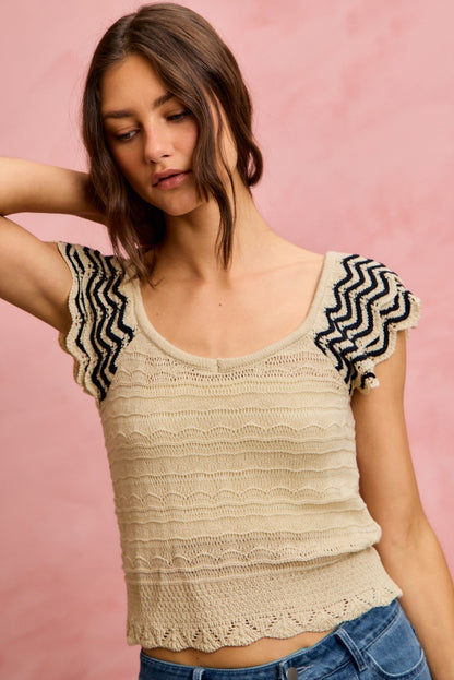 Wavy Textured Knit Top With Fluttered Sleeves - Tigbul's Variety Fashion Shop
