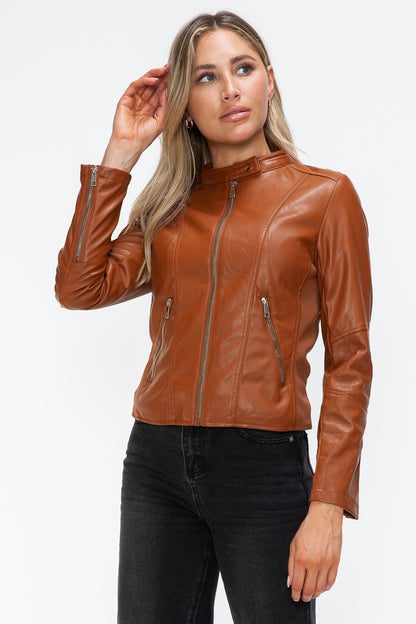 Faux Leather Zip Up Drawstring Hooded Jacket in Camel