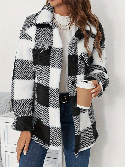 Plaid Button Up Long Sleeve Fuzzy Outerwear - Tigbul's Variety Fashion Shop