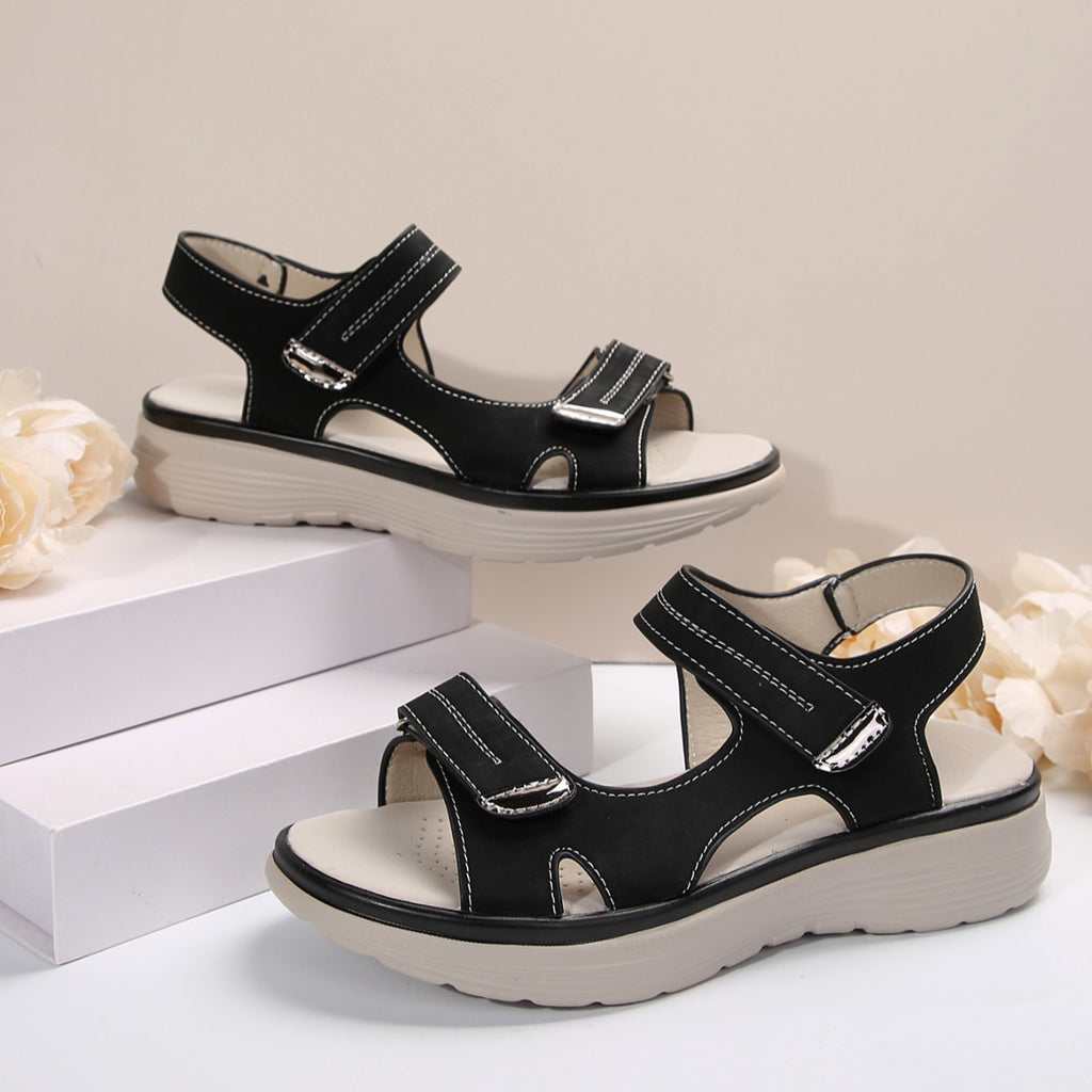 Women’s velcro open-toe sandals, black slip-on with hook-and-loop over the instep