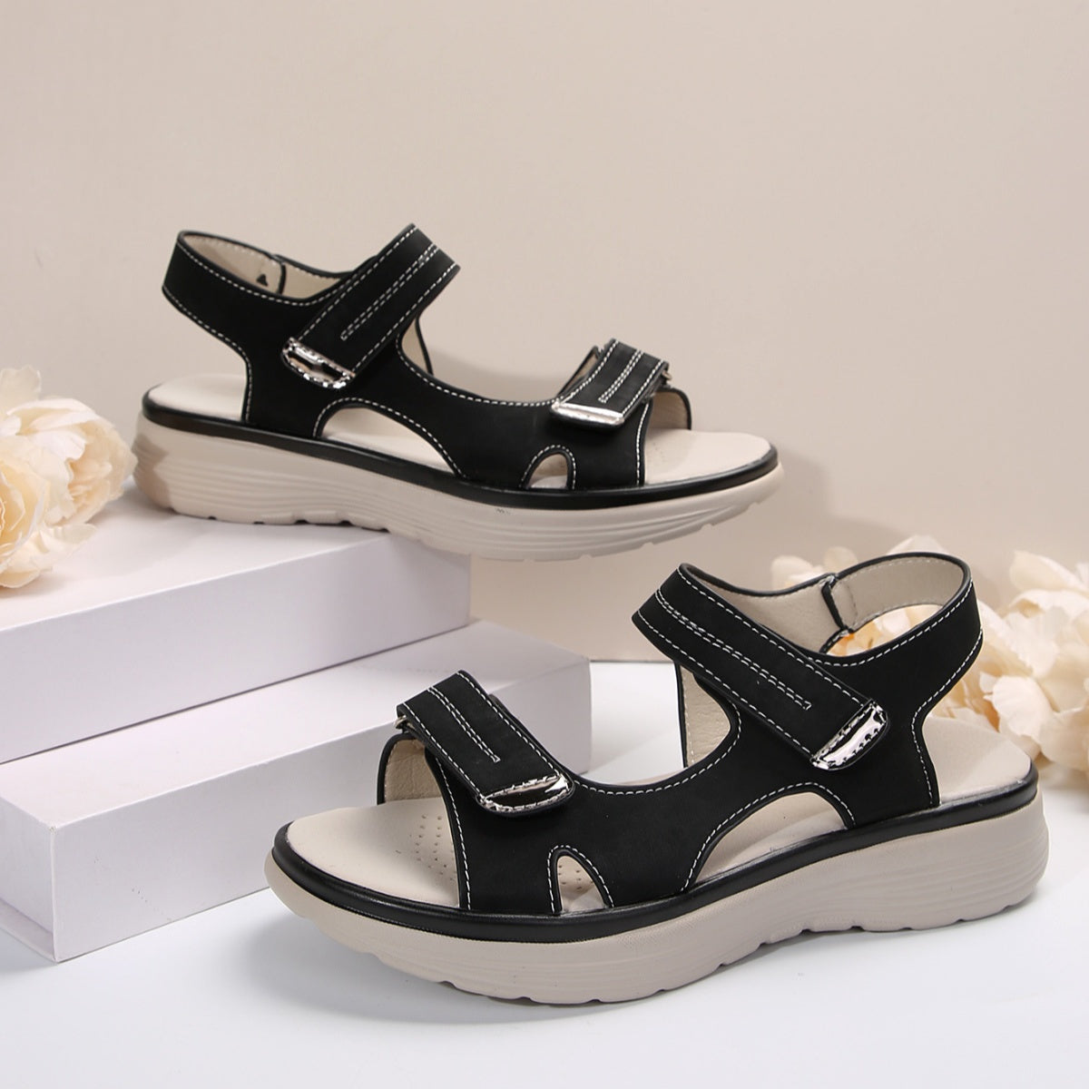 Women’s velcro open-toe sandals, black slip-on with hook-and-loop over the instep