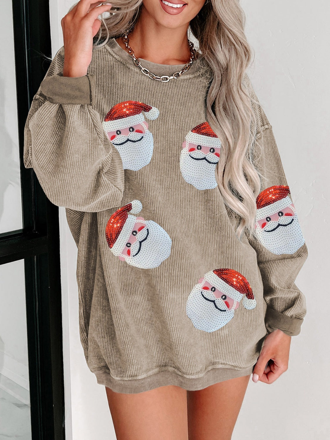 Sequin Santa Patch Ribbed Sweatshirt - Tigbul's Variety Fashion Shop