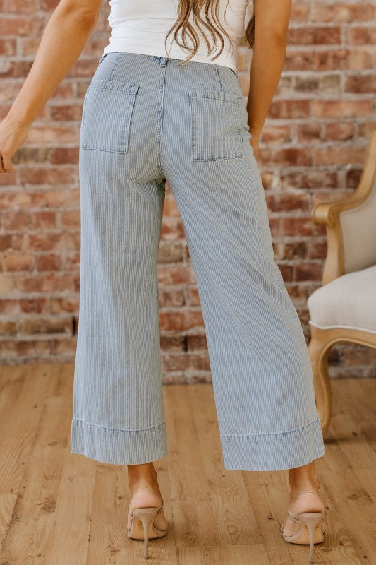 Wide-leg jeans in sky blue stripe with two front patch pockets and back yoke detail