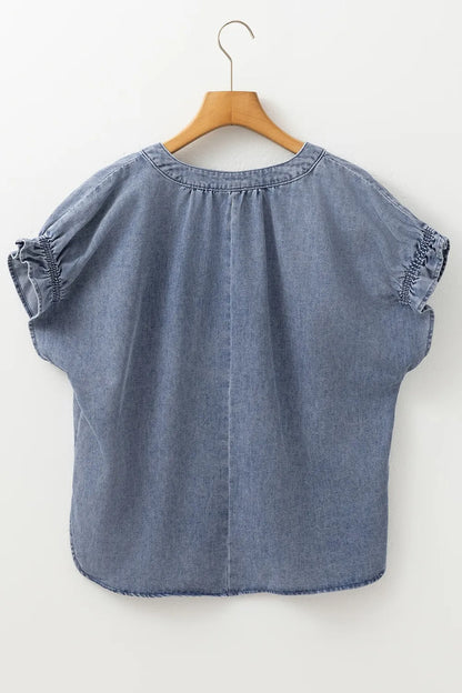 V Neck Ruffled Short Puff Sleeve Denim Top - Tigbul's Variety Fashion Shop