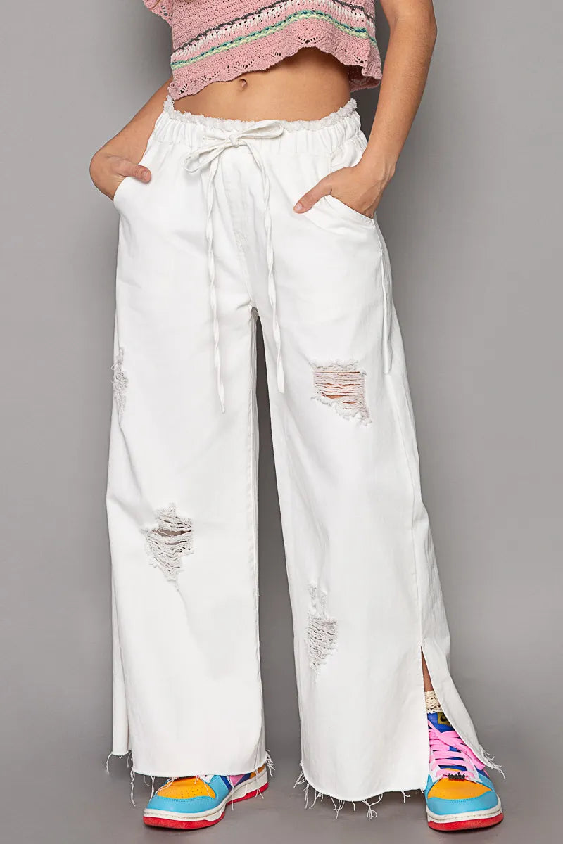 POL Distressed Drawstring Slit Wide leg Pants - Tigbul's Variety Fashion Shop