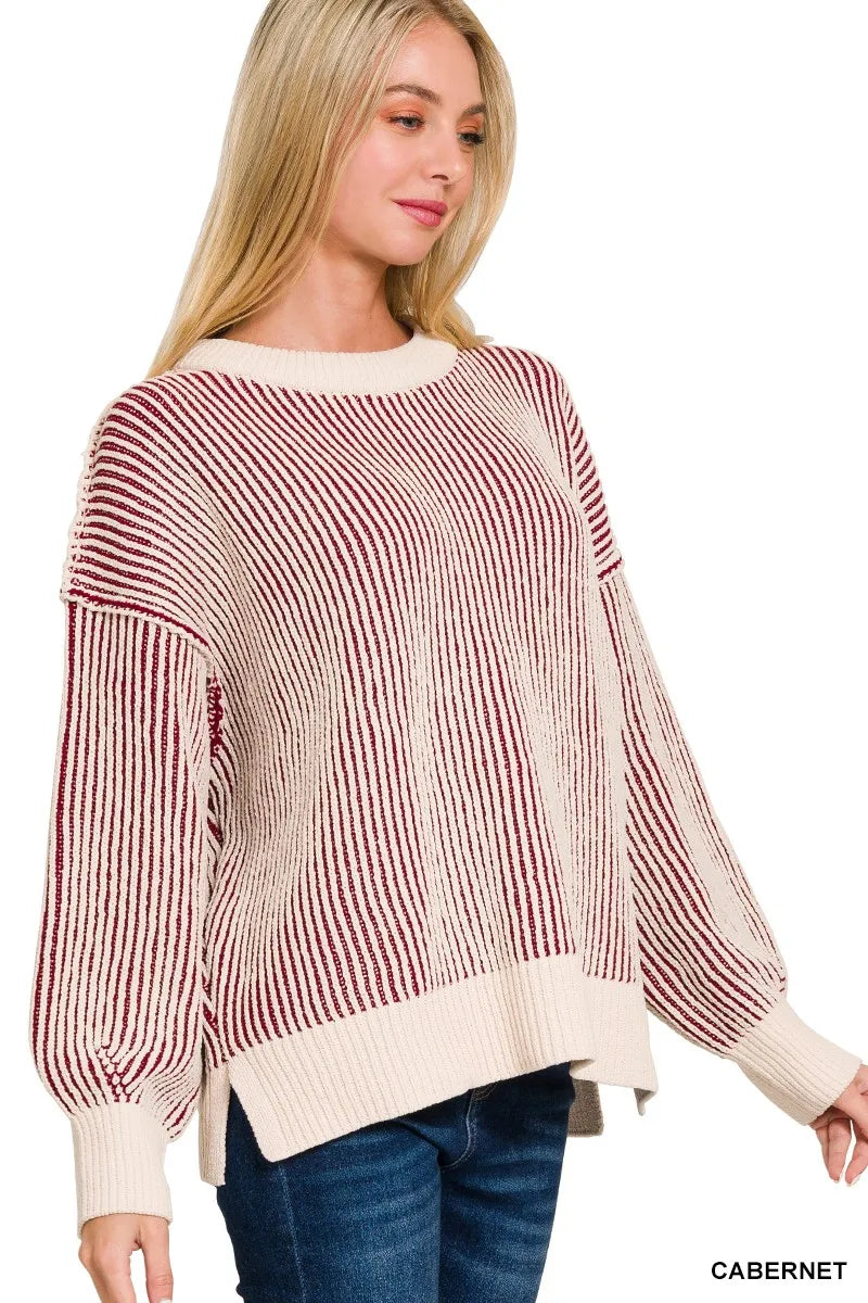 Zenana Two Tone Crewneck Sweater - Tigbul's Variety Fashion Shop