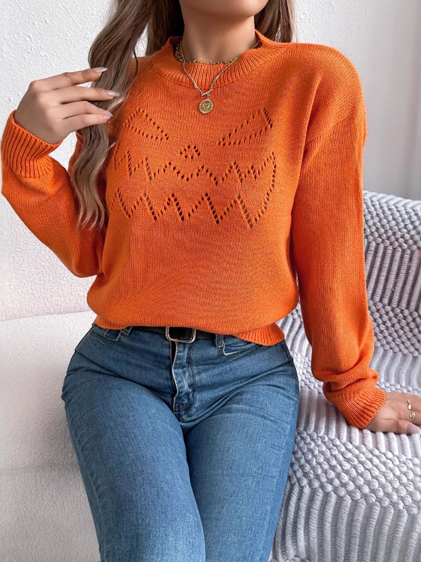 Openwork Round Neck Long Sleeve Sweater - Tigbul's Variety Fashion Shop