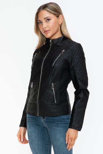 Black Faux Leather Zip Up Mock Neck Jacket