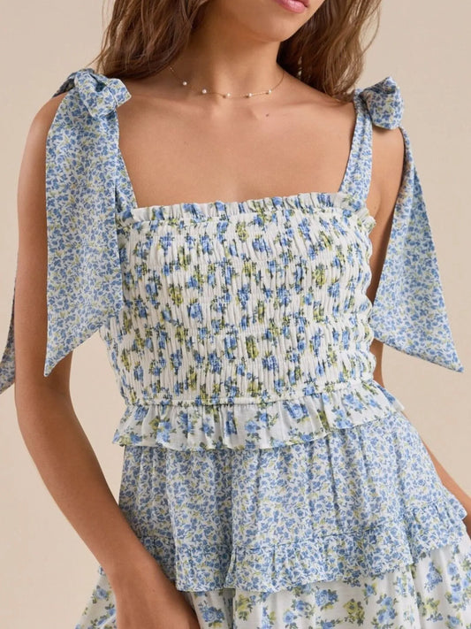 Floral Smocked Tie-Shoulder Summer Dress - Tigbul's Variety Fashion Shop