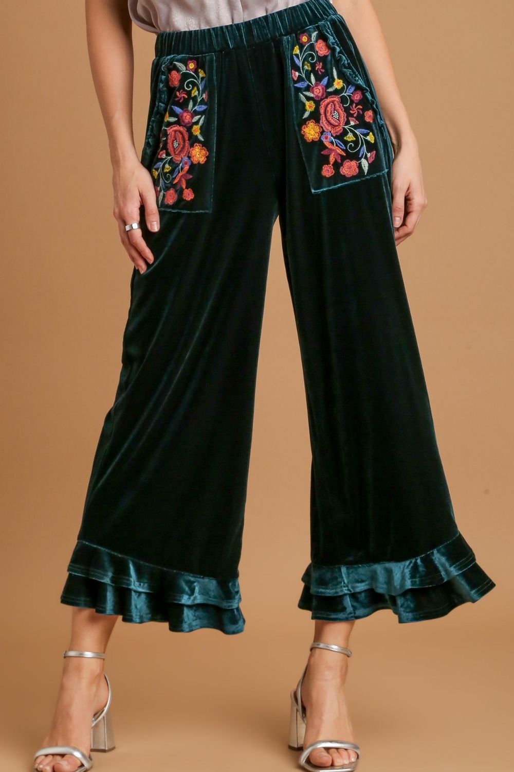 Green Wide Fit Ruffle Velvet Pants with Embroidery - Tigbul's Variety Fashion Shop