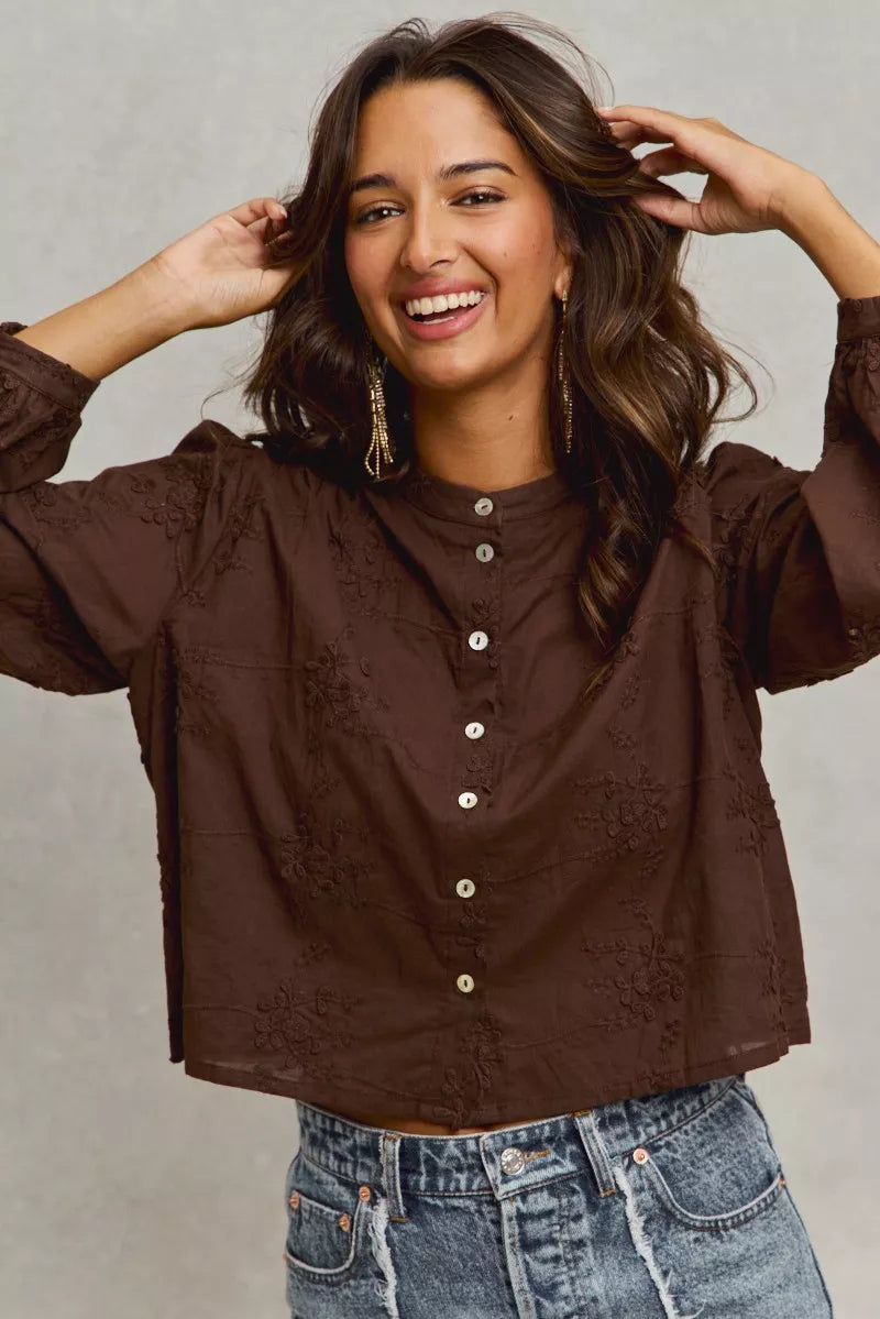 Dark brown 3D floral woven shirt with front buttons and gathered shoulders