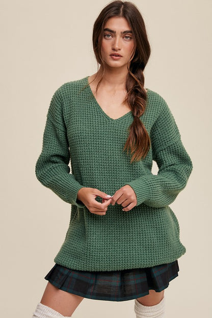 Slouchy V-neck Ribbed Knit Sweater - Tigbuls Variety Fashion