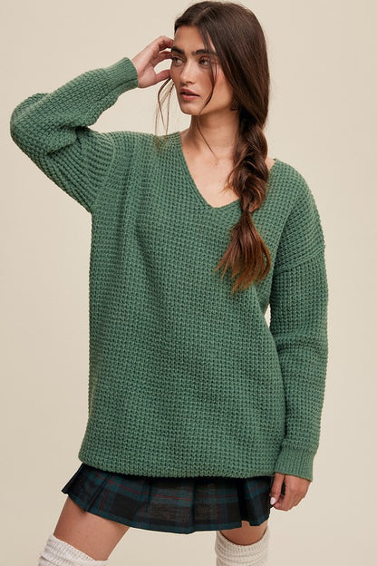 Slouchy V-neck Ribbed Knit Sweater - Tigbuls Variety Fashion