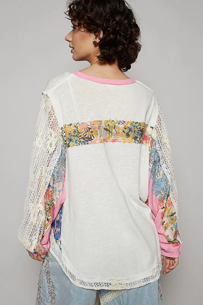 POL Button Detail Floral Patchwork Crochet Sleeve Blouse - Tigbul's Variety Fashion Shop