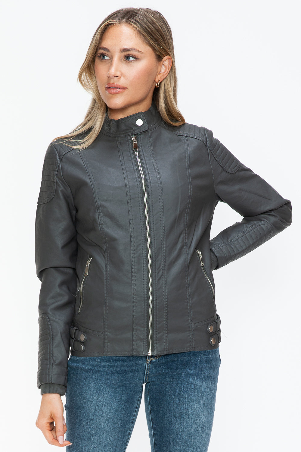 Charcoal Faux Leather Biker Jacket with Side Zip Pockets