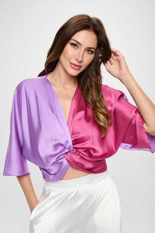 Satin Vibrant Short Sleeve Top with Front Twist - Tigbuls Variety Fashion