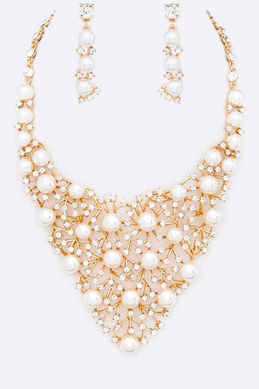 Crystal Pearl Red Carpet Statement Necklace Set - Tigbul's Variety Fashion Shop