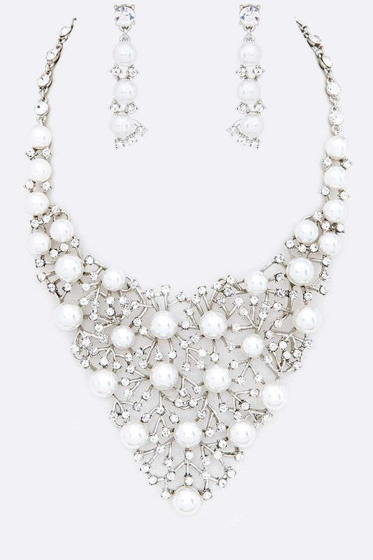 Crystal Pearl Red Carpet Statement Necklace Set - Tigbul's Variety Fashion Shop
