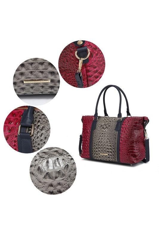 Duffle Bag Details: Krokoprägung, goldfarbene Frontbeschläge und Trägeranschlüsse